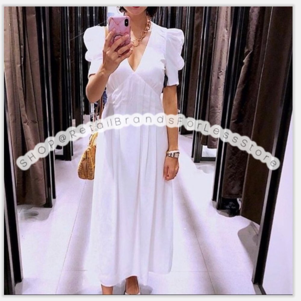 ZARA V NECK VOLUMINOUS TEXTURED FULLY LINED DRESS